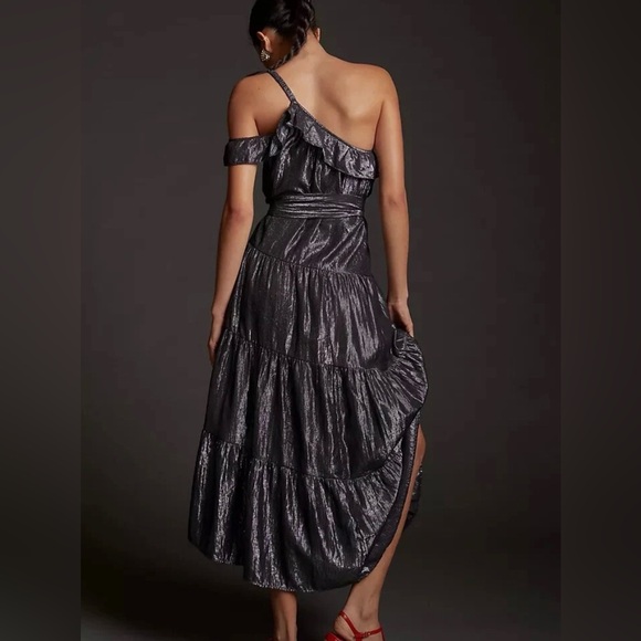 Maeve Metallic Silver Black One Shoulder Tiered Midi Dress Size L Anthropologie - Picture 3 of 8